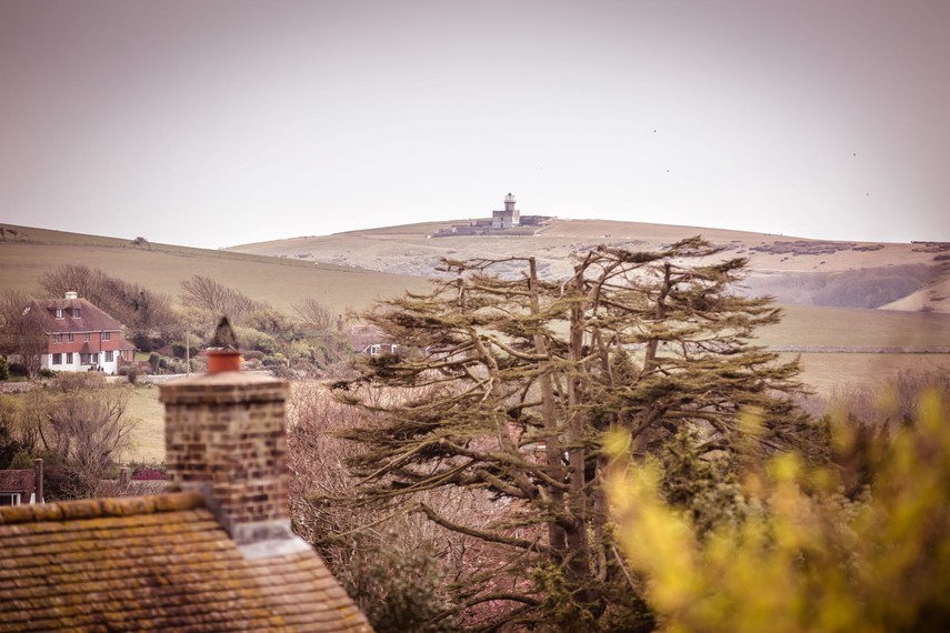 View over South Downs to Belle Tout lighthouse